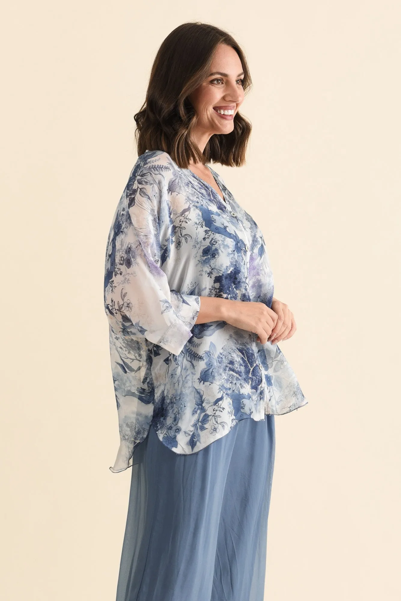 Cathleen Blue Floral Silk Blouse sold by Blue Bungalow product image thumbnail 3