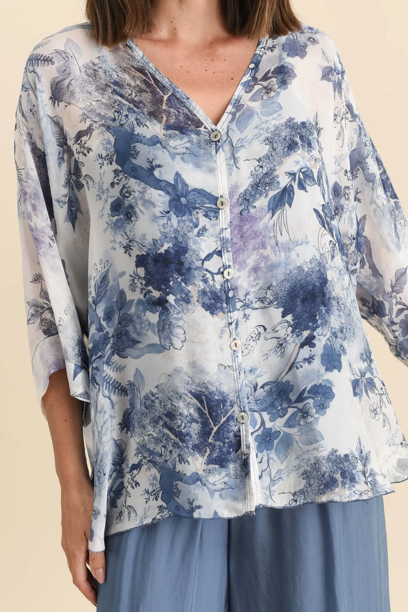 Cathleen Blue Floral Silk Blouse sold by Blue Bungalow product image thumbnail 5