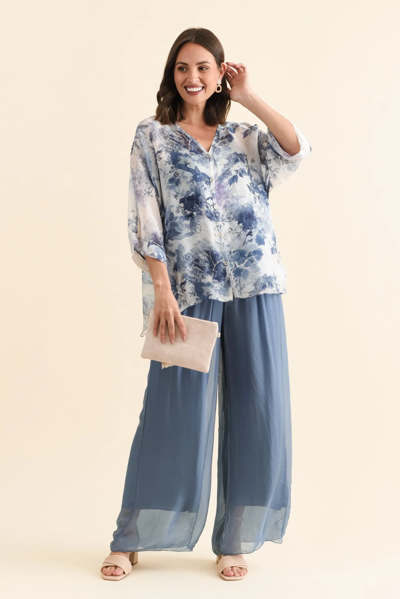 Cathleen Blue Floral Silk Blouse sold by Blue Bungalow product image thumbnail 2