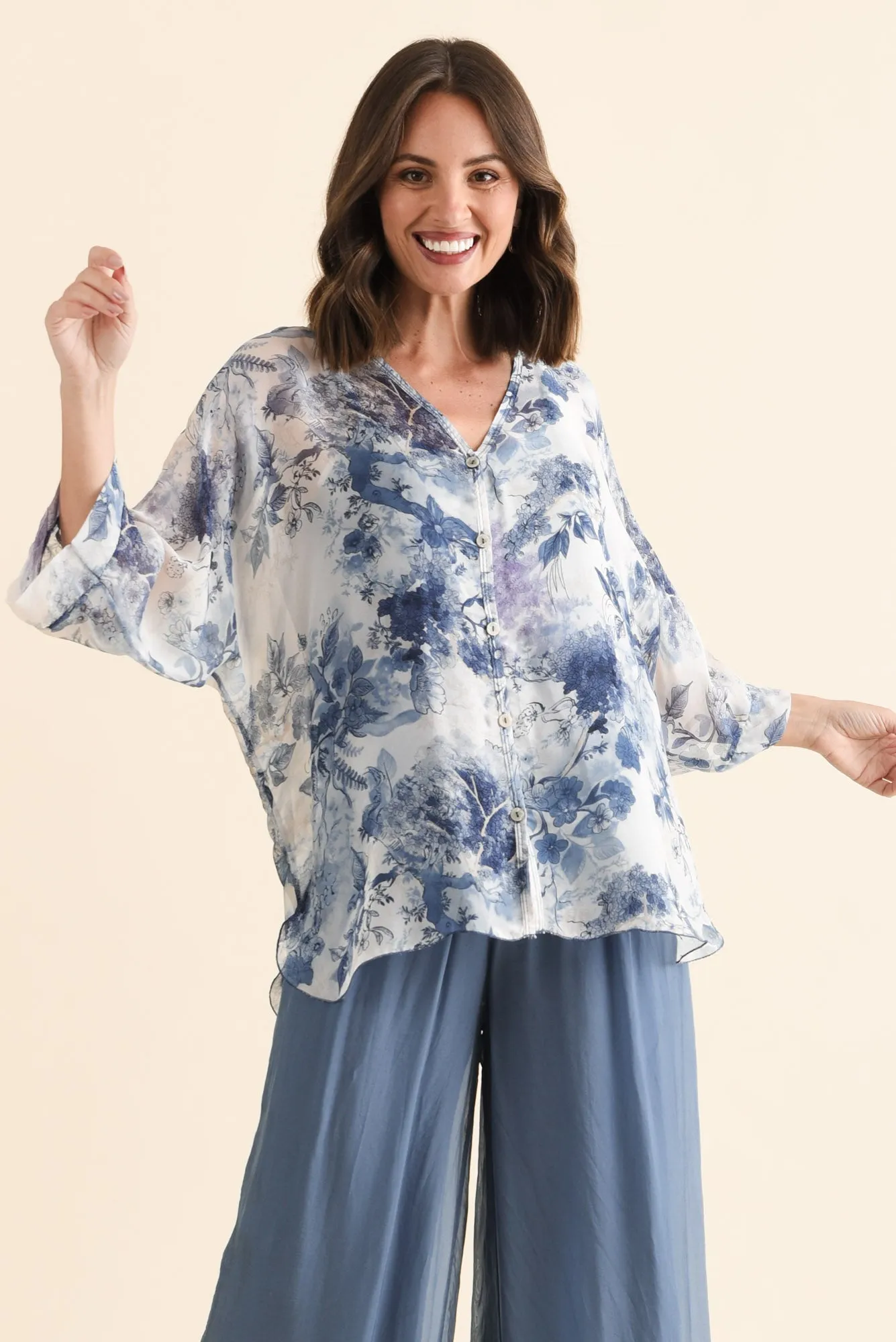 Cathleen Blue Floral Silk Blouse sold by Blue Bungalow