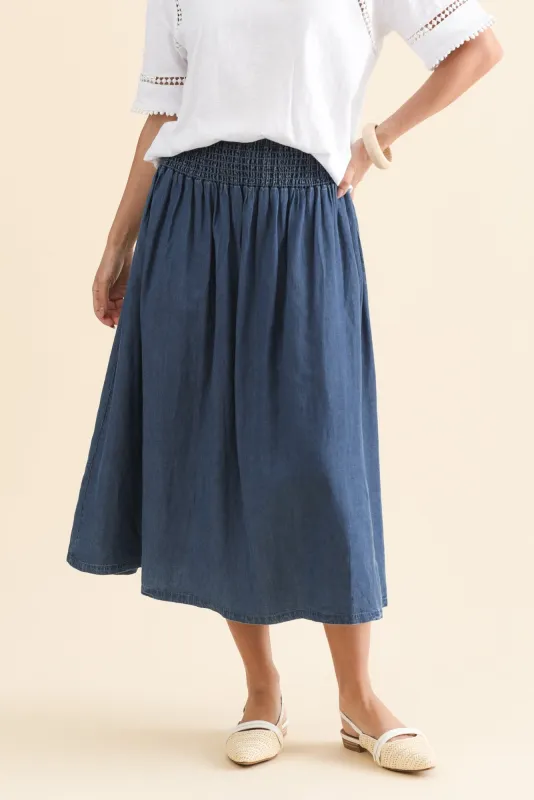 Riley Blue Lyocell Blend Midi Skirt sold by Blue Bungalow