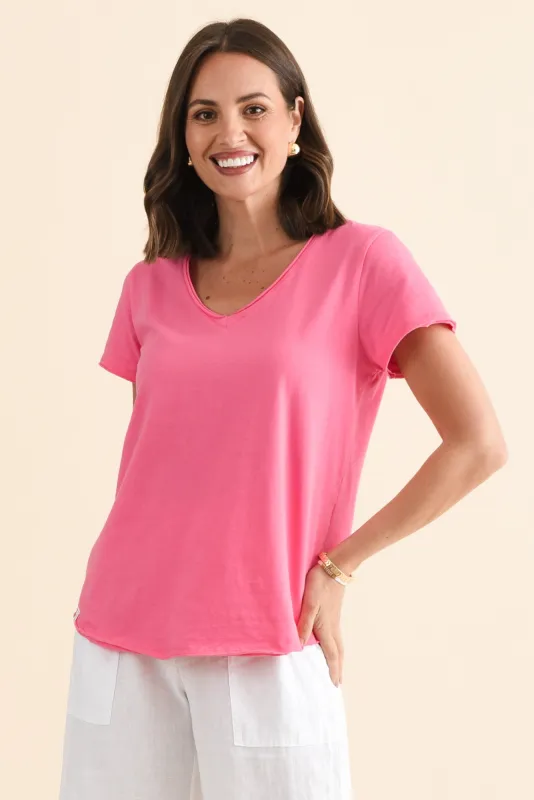 Maggie Candy Pink Cotton Vee Tee sold by Blue Bungalow