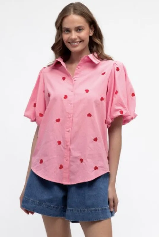 Palma Pink Heart Cotton Puff Sleeve Shirt sold by Blue Bungalow