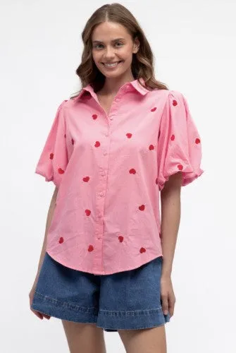 Palma Pink Heart Cotton Puff Sleeve Shirt sold by Blue Bungalow