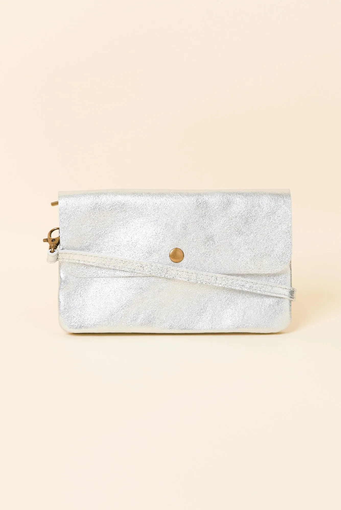 Antonia Silver Metallic Crossbody Bag sold by Blue Bungalow