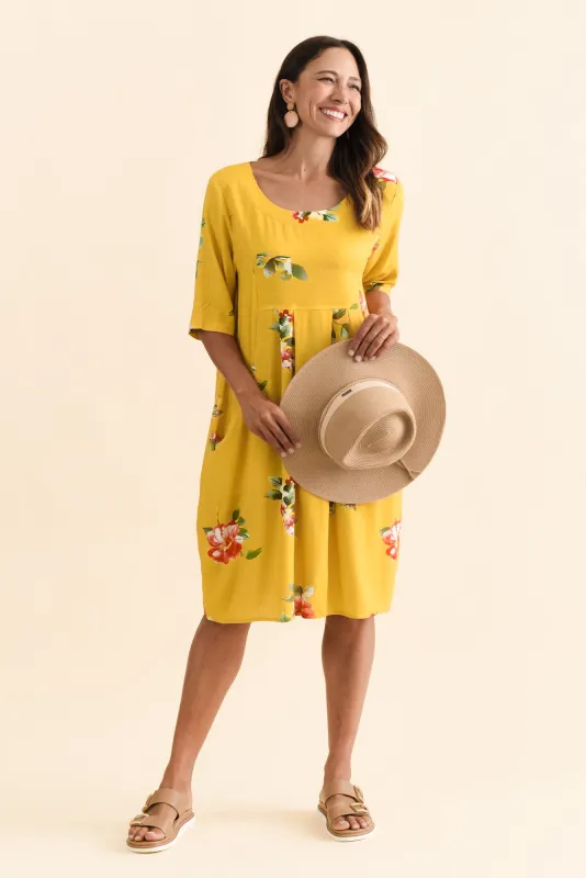 Myley Yellow Floral Linen Cotton Dress sold by Blue Bungalow