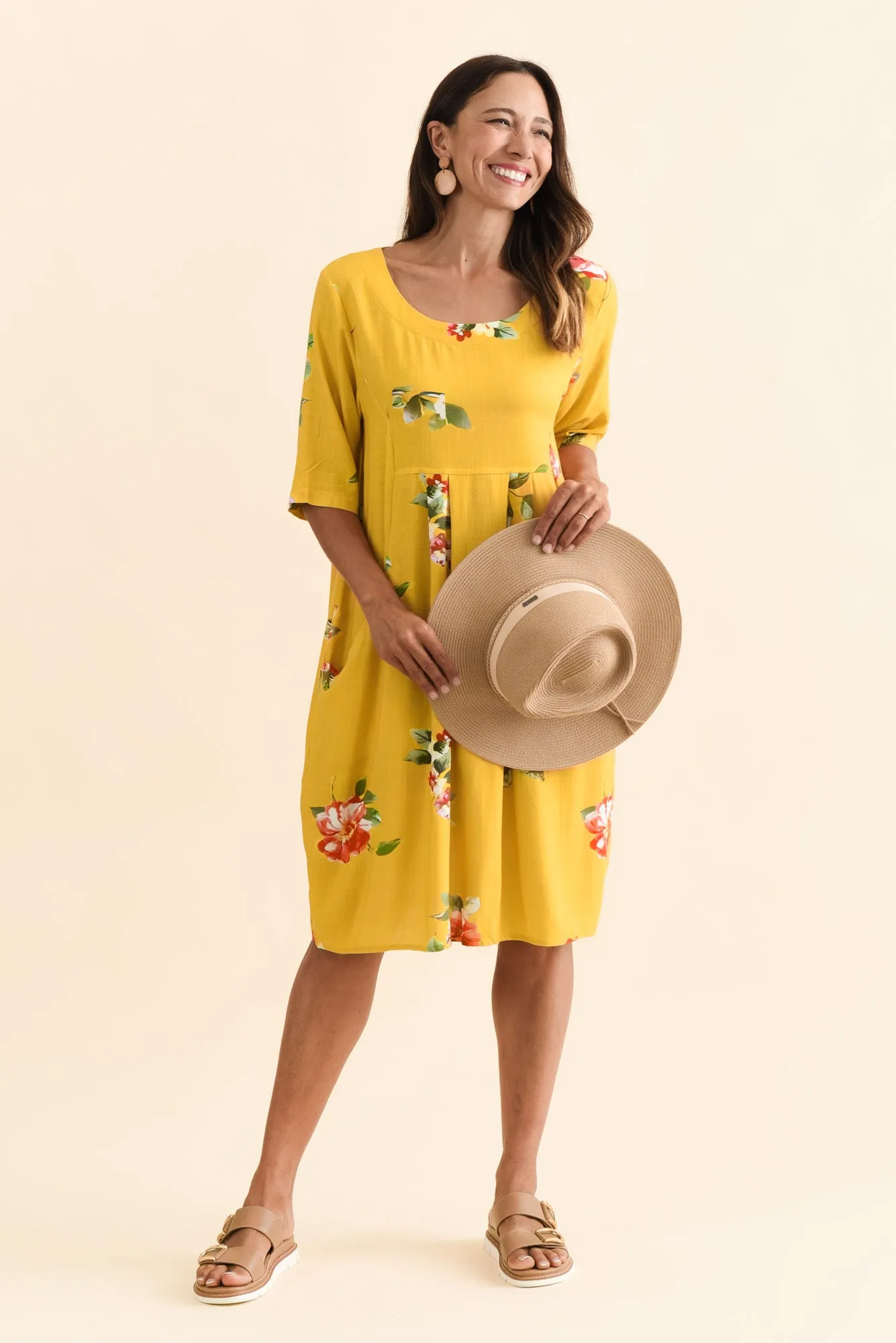 Myley Yellow Floral Linen Cotton Dress sold by Blue Bungalow