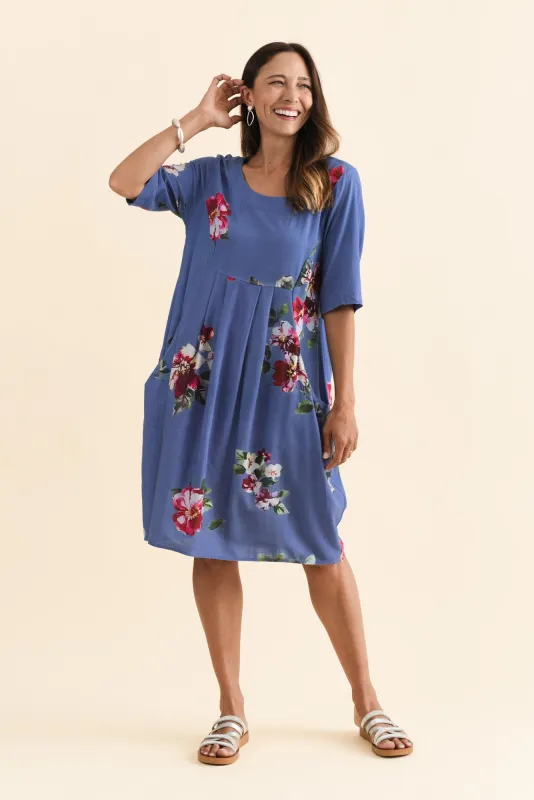 Myley Blue Floral Linen Cotton Dress sold by Blue Bungalow