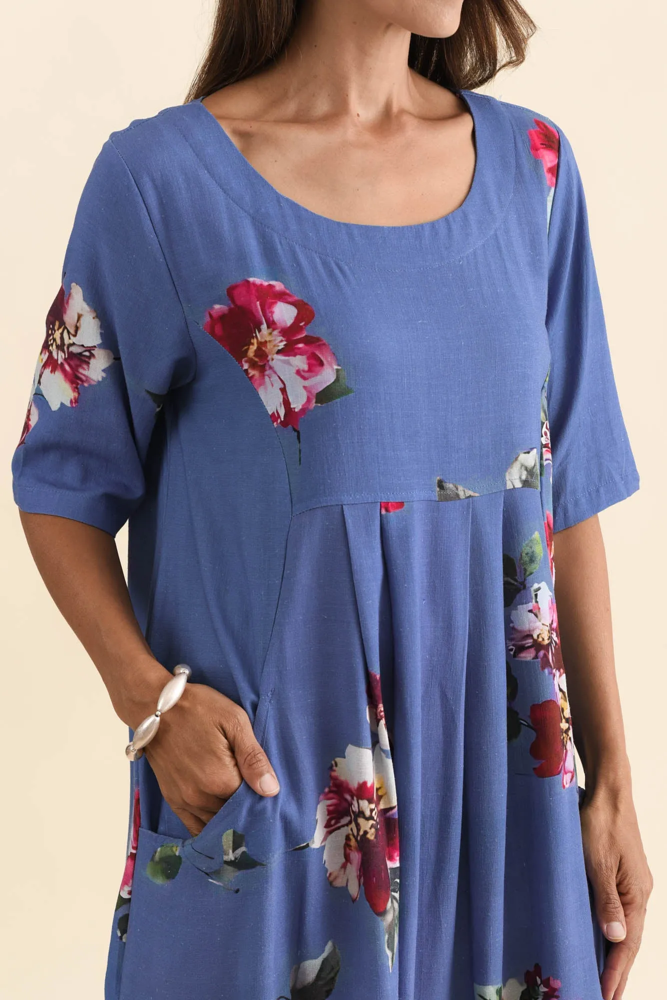 Myley Blue Floral Linen Cotton Dress sold by Blue Bungalow product image thumbnail 5