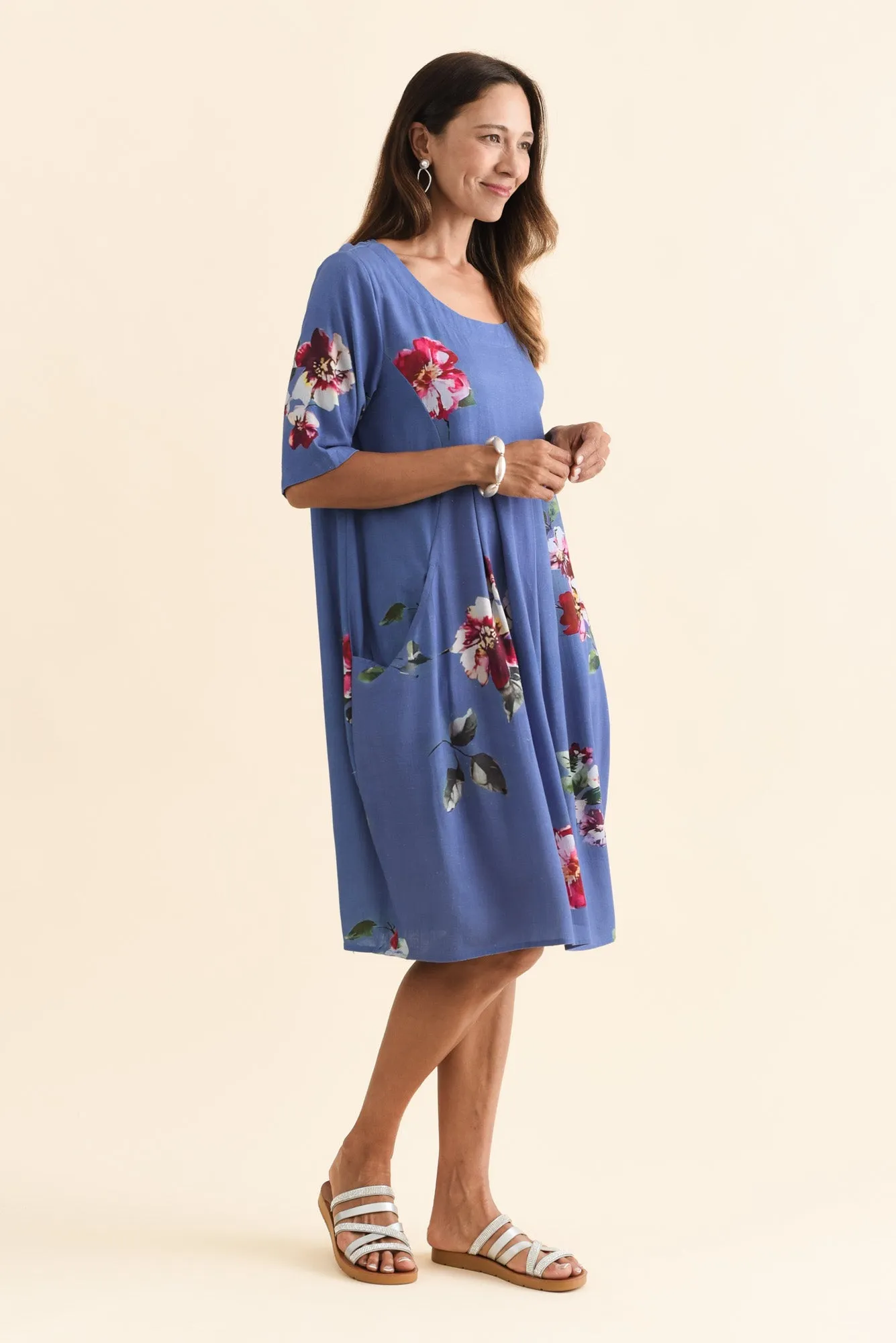 Myley Blue Floral Linen Cotton Dress sold by Blue Bungalow product image thumbnail 3