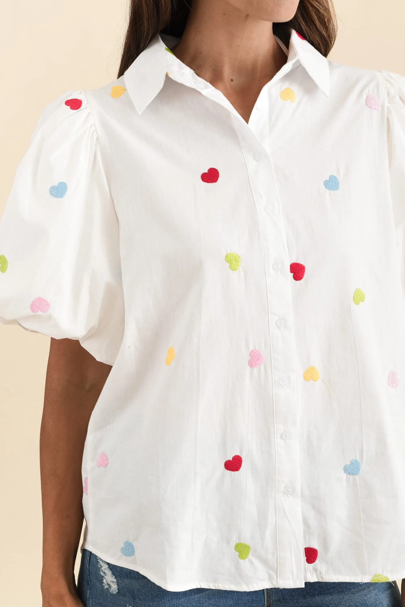 Palma White Heart Cotton Puff Sleeve Shirt sold by Blue Bungalow product image thumbnail 5