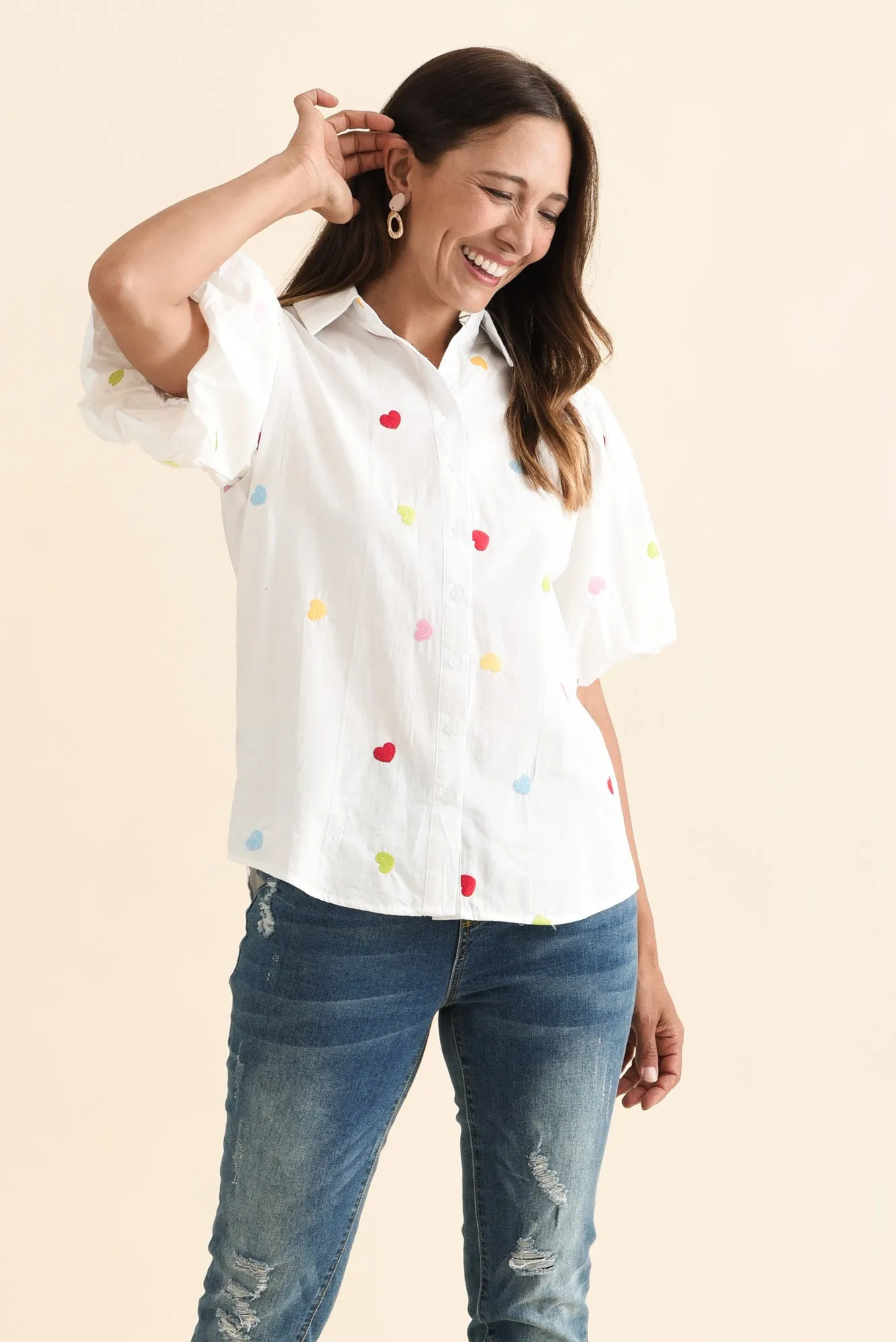 Palma White Heart Cotton Puff Sleeve Shirt sold by Blue Bungalow