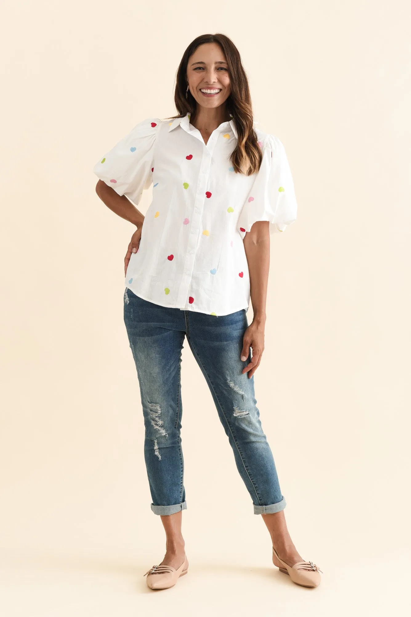 Palma White Heart Cotton Puff Sleeve Shirt sold by Blue Bungalow product image thumbnail 2