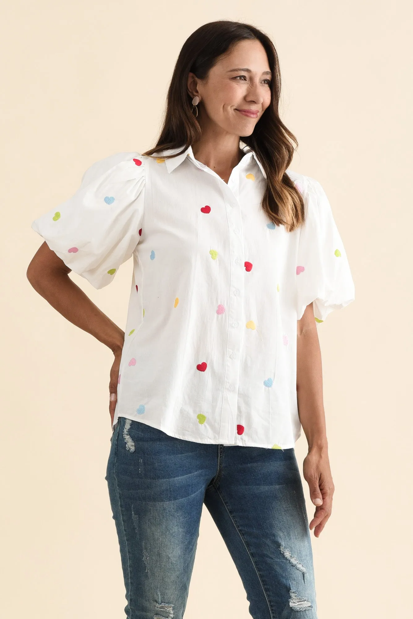 Palma White Heart Cotton Puff Sleeve Shirt sold by Blue Bungalow product image thumbnail 3