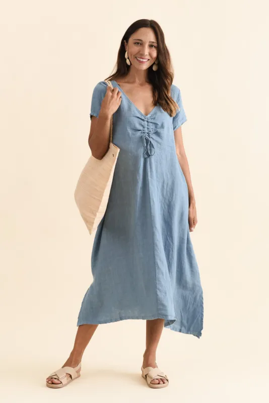 Geraldine Blue Linen Ruched Dress sold by Blue Bungalow