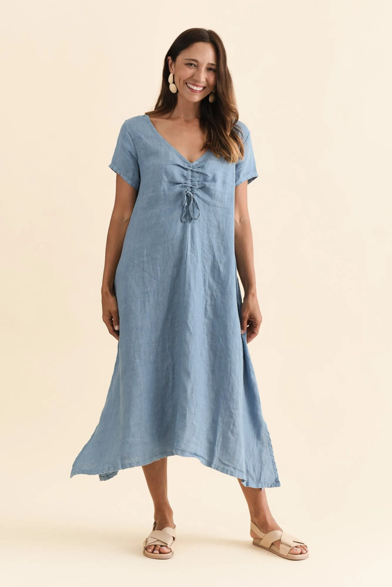 Geraldine Blue Linen Ruched Dress sold by Blue Bungalow product image thumbnail 2