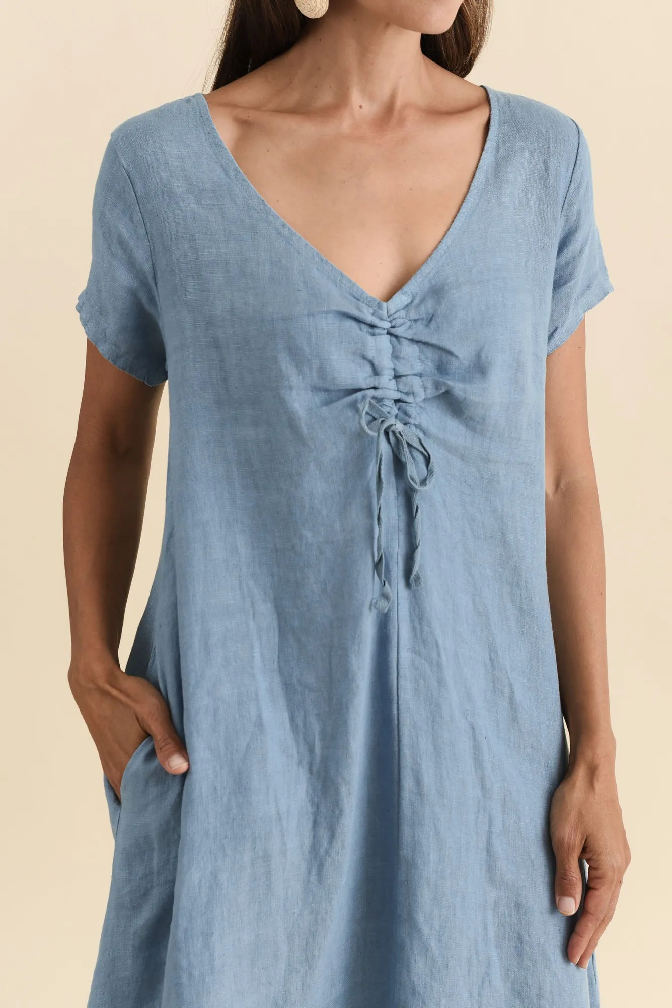 Geraldine Blue Linen Ruched Dress sold by Blue Bungalow product image thumbnail 5