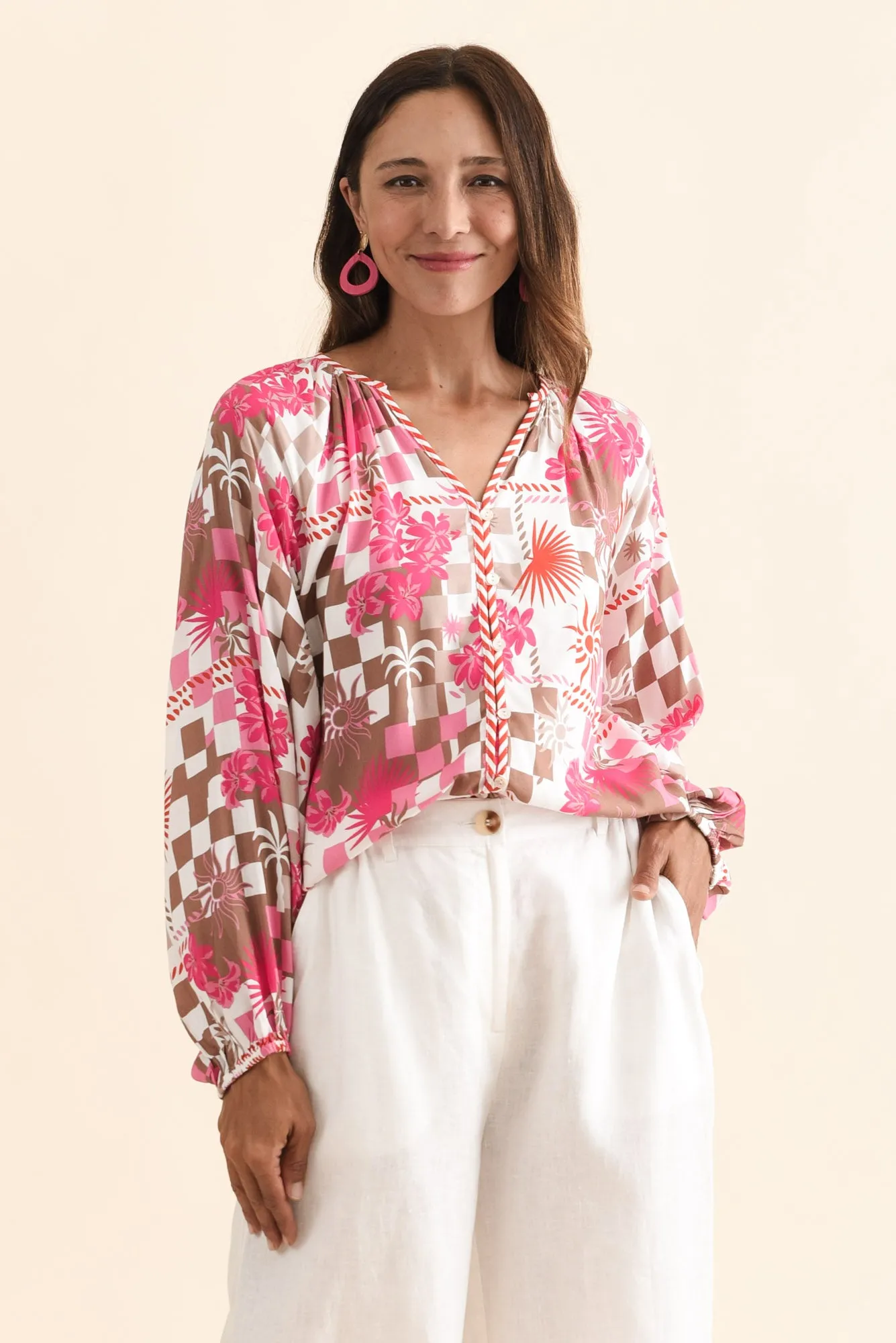 Leonora Red Tropical Button Blouse sold by Blue Bungalow