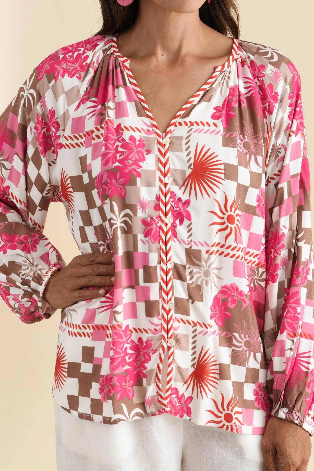 Leonora Red Tropical Button Blouse sold by Blue Bungalow product image thumbnail 5