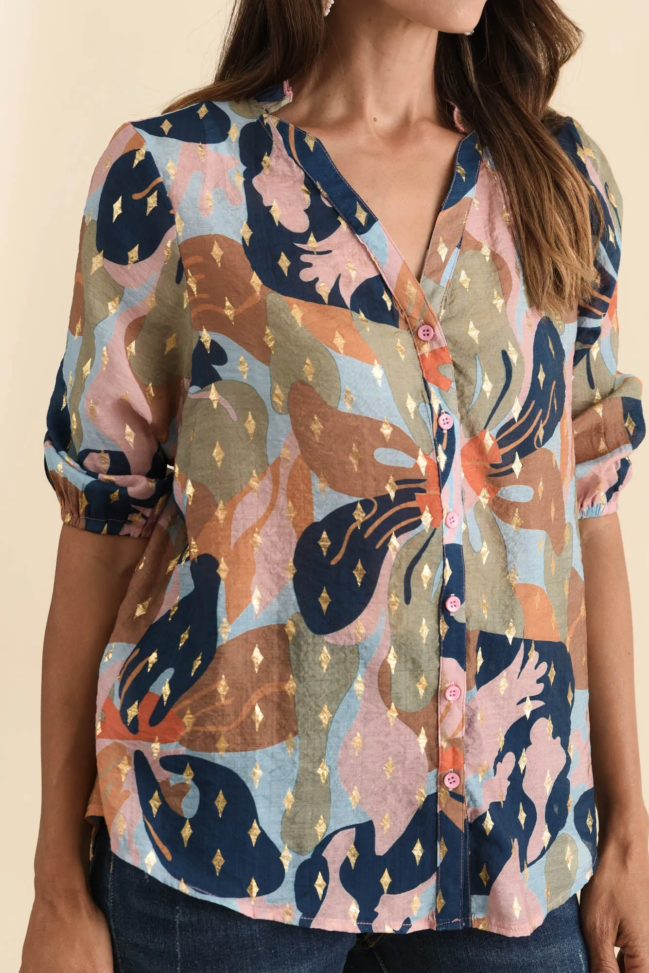 Zion Navy Floral Cotton Blend Blouse sold by Blue Bungalow product image thumbnail 5
