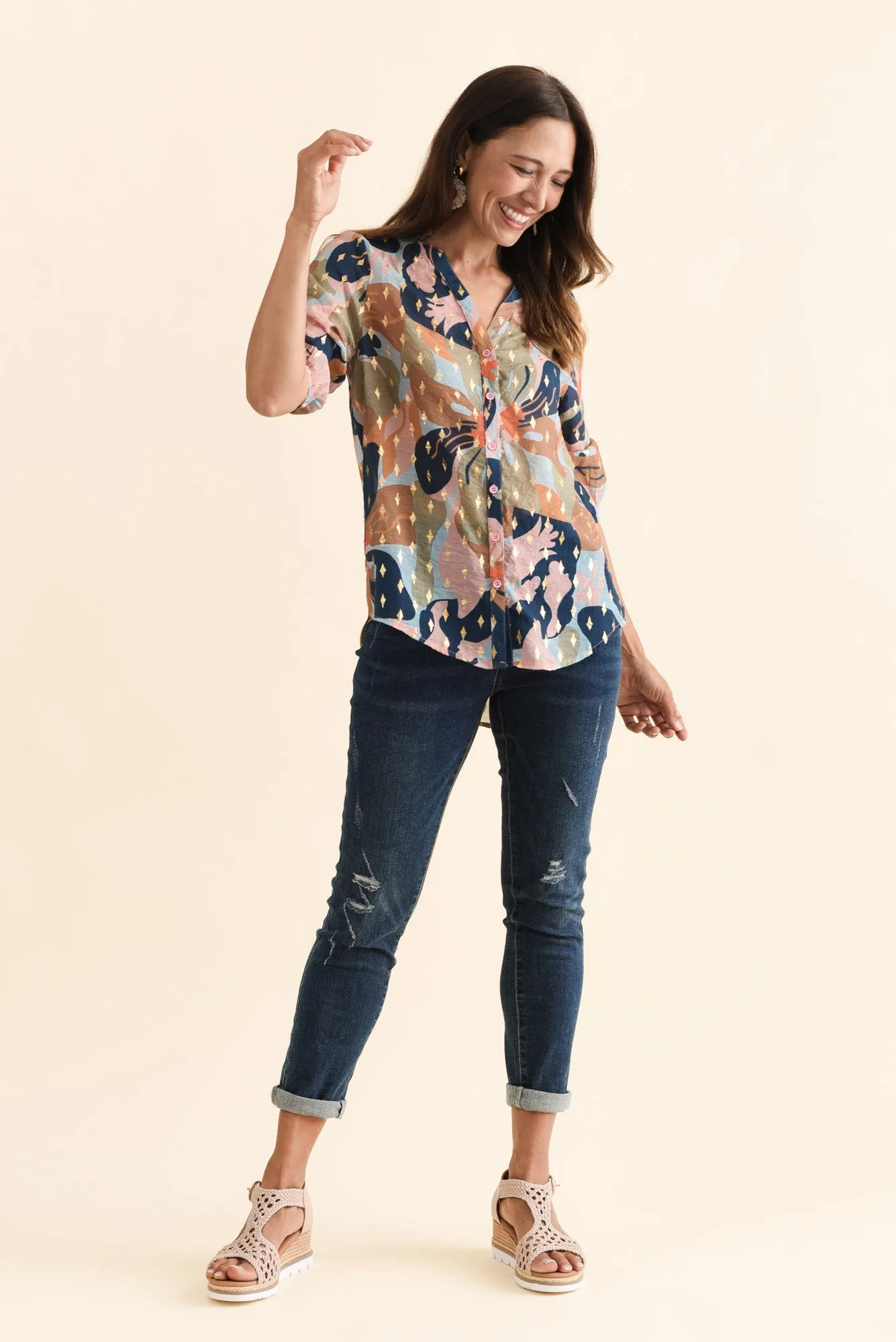 Zion Navy Floral Cotton Blend Blouse sold by Blue Bungalow product image thumbnail 2