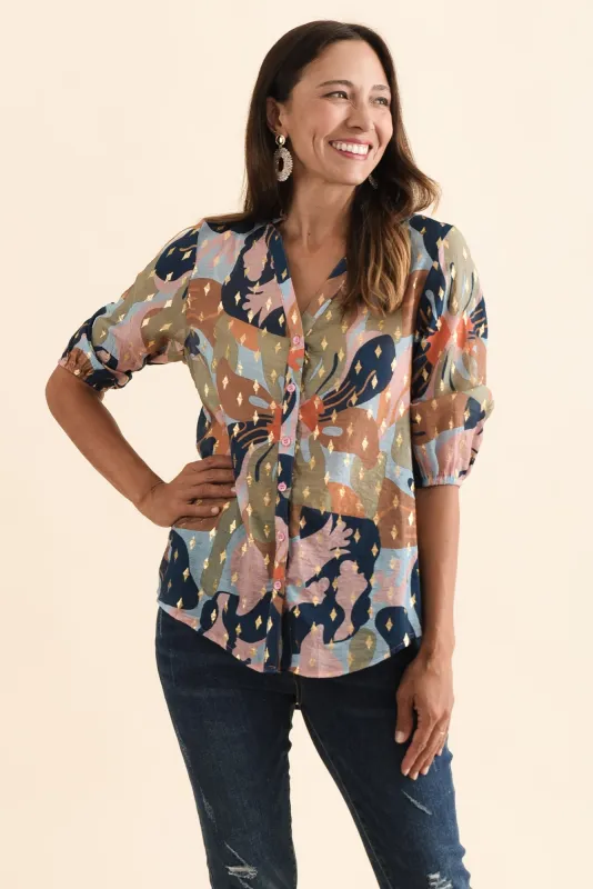 Zion Navy Floral Cotton Blend Blouse sold by Blue Bungalow