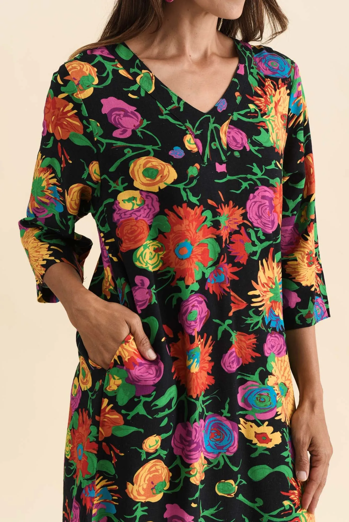 Celine Black Floral Linen Cotton Dress sold by Blue Bungalow product image thumbnail 5