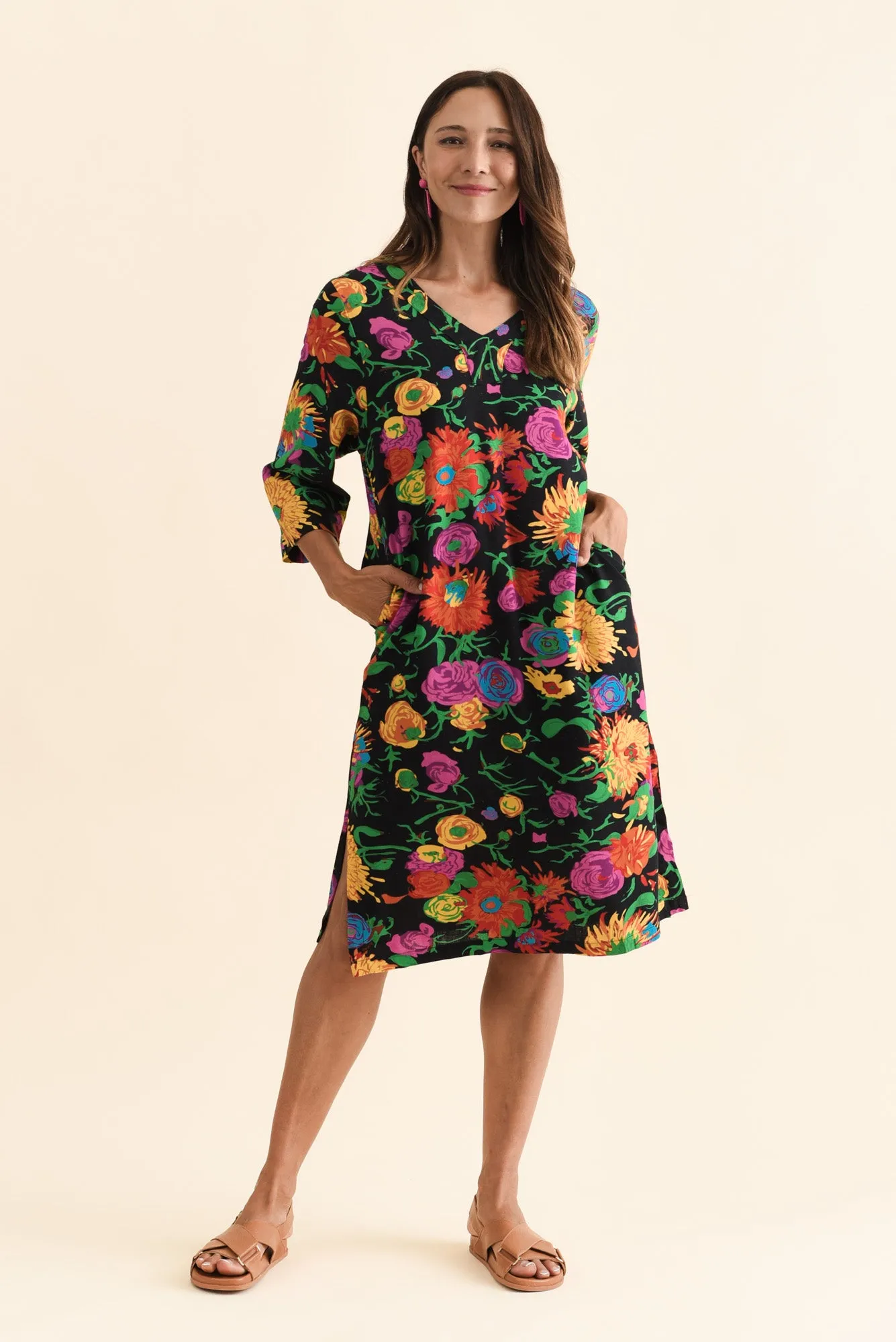 Celine Black Floral Linen Cotton Dress sold by Blue Bungalow