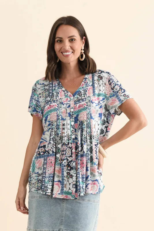 Isobel Blue Mosaic Button Top sold by Blue Bungalow