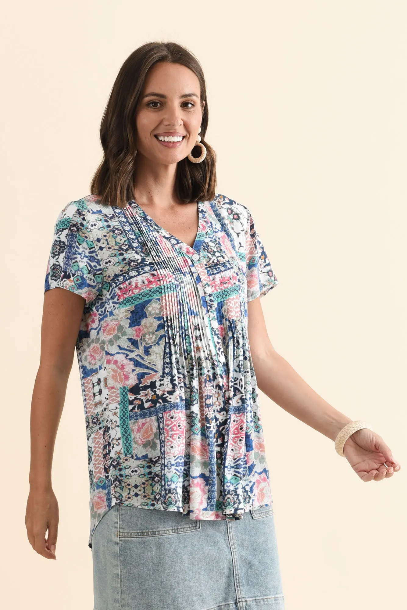 Isobel Blue Mosaic Button Top sold by Blue Bungalow product image thumbnail 3