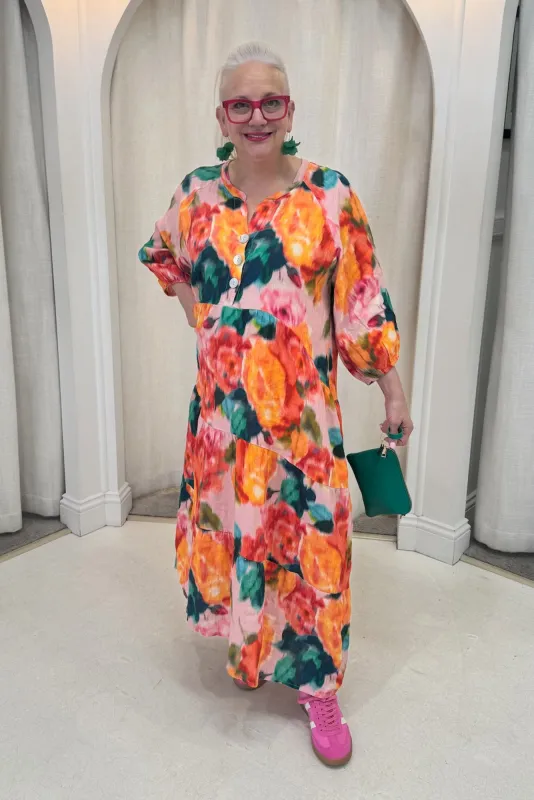 Ruthie Orange Floral Linen Button Dress sold by Blue Bungalow