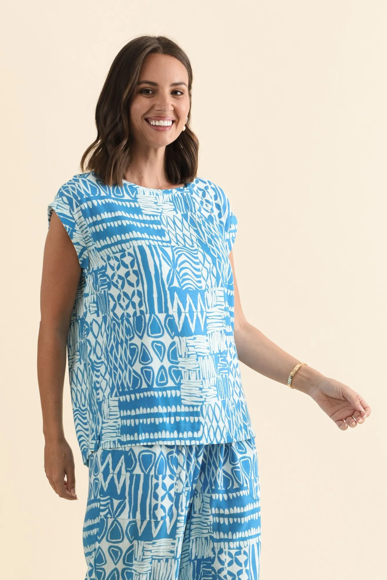 Alta Blue Mosaic Linen Cotton Top sold by Blue Bungalow product image thumbnail 3