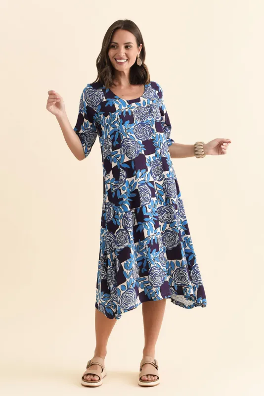 Hailee Navy Flower Linen Cotton Dress sold by Blue Bungalow