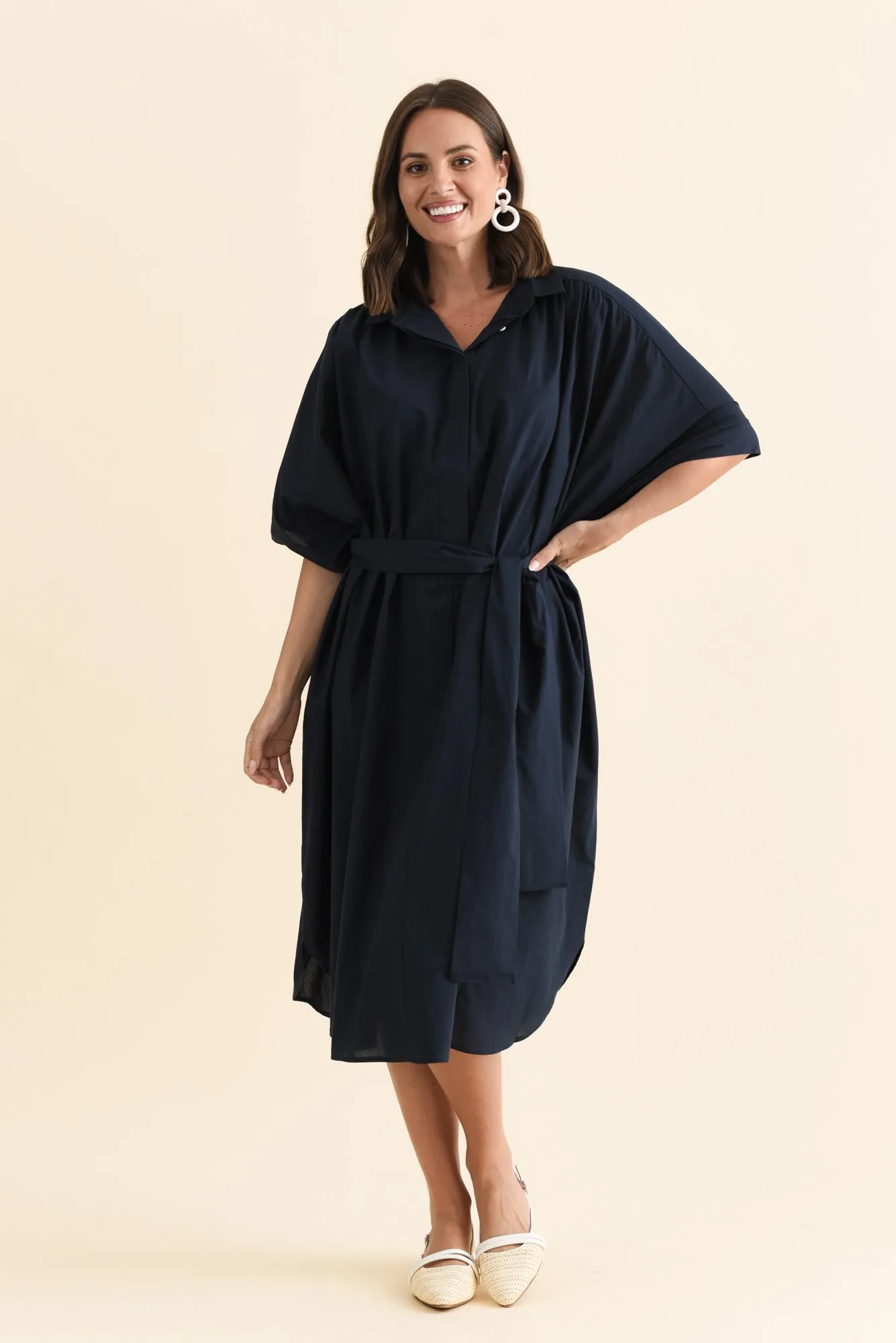Esther Navy Cotton Tie Dress sold by Blue Bungalow