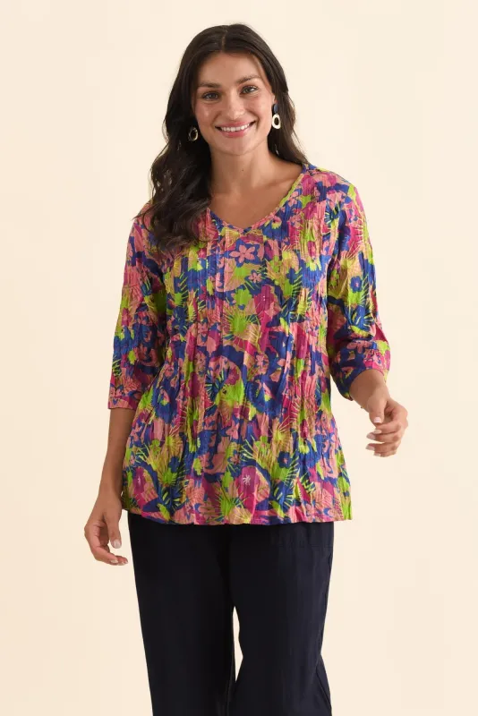 Fia Navy Botanical Sleeved Crinkle Cotton Top sold by Blue Bungalow