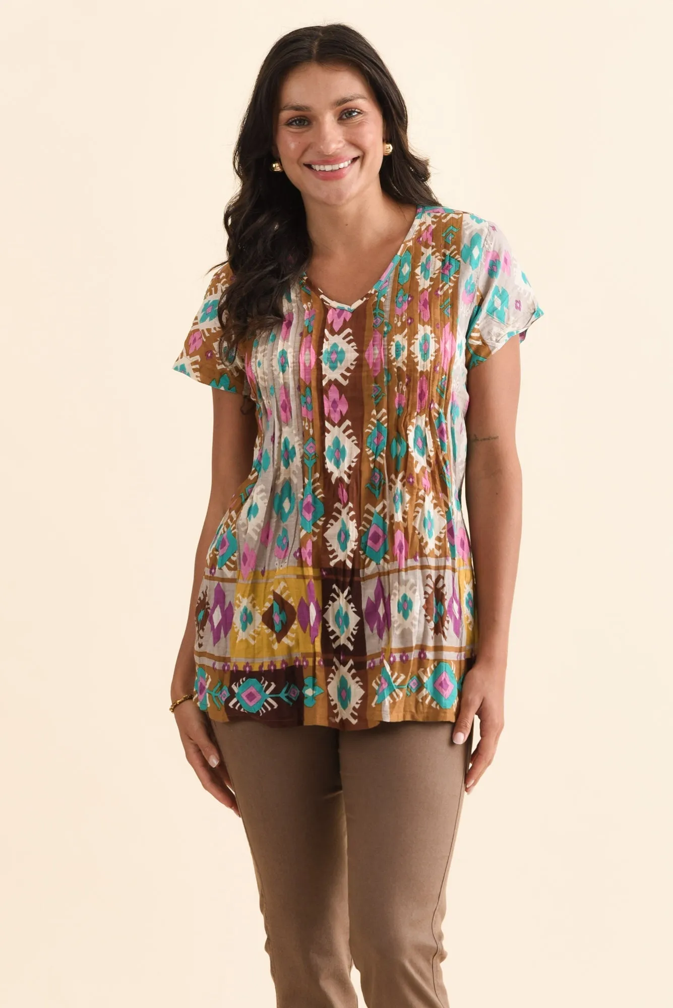 Fia Terracotta Geo Crinkle Cotton Top sold by Blue Bungalow