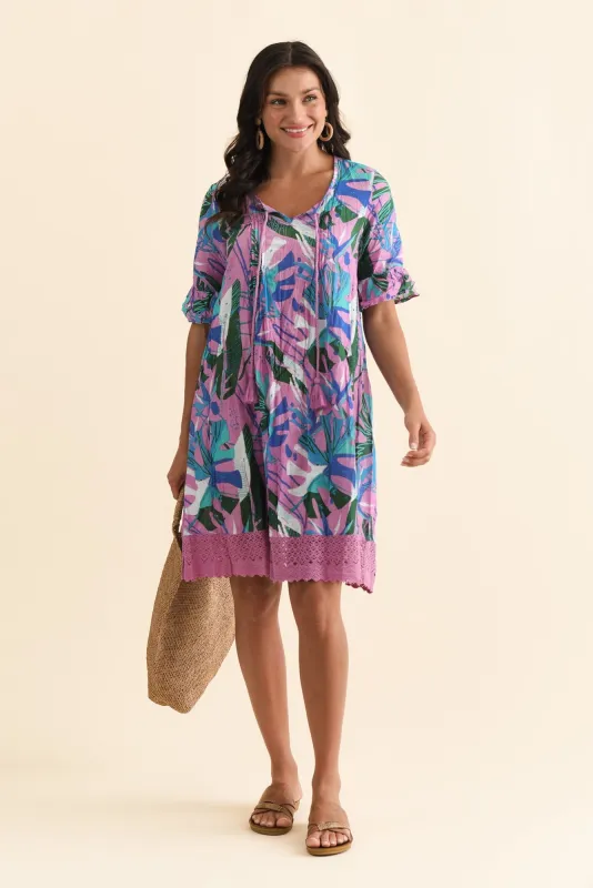 Cayman Lilac Tropical Cotton Tunic Dress sold by Blue Bungalow