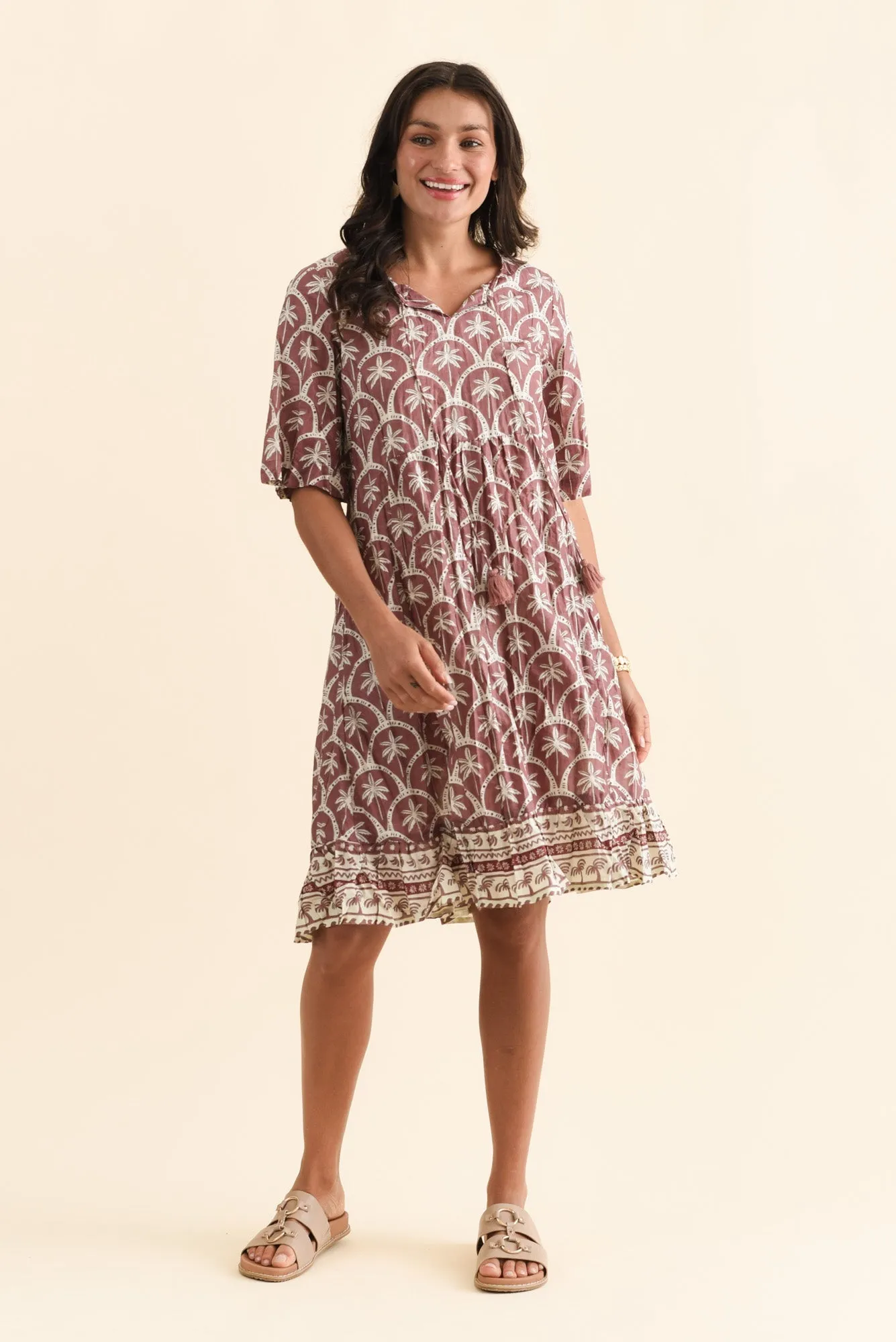 Mila Taupe Palm Crinkle Cotton Dress sold by Blue Bungalow