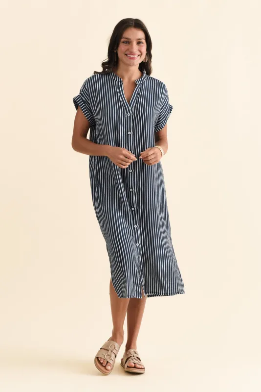 Marlowe Navy Stripe Cotton Button Dress sold by Blue Bungalow
