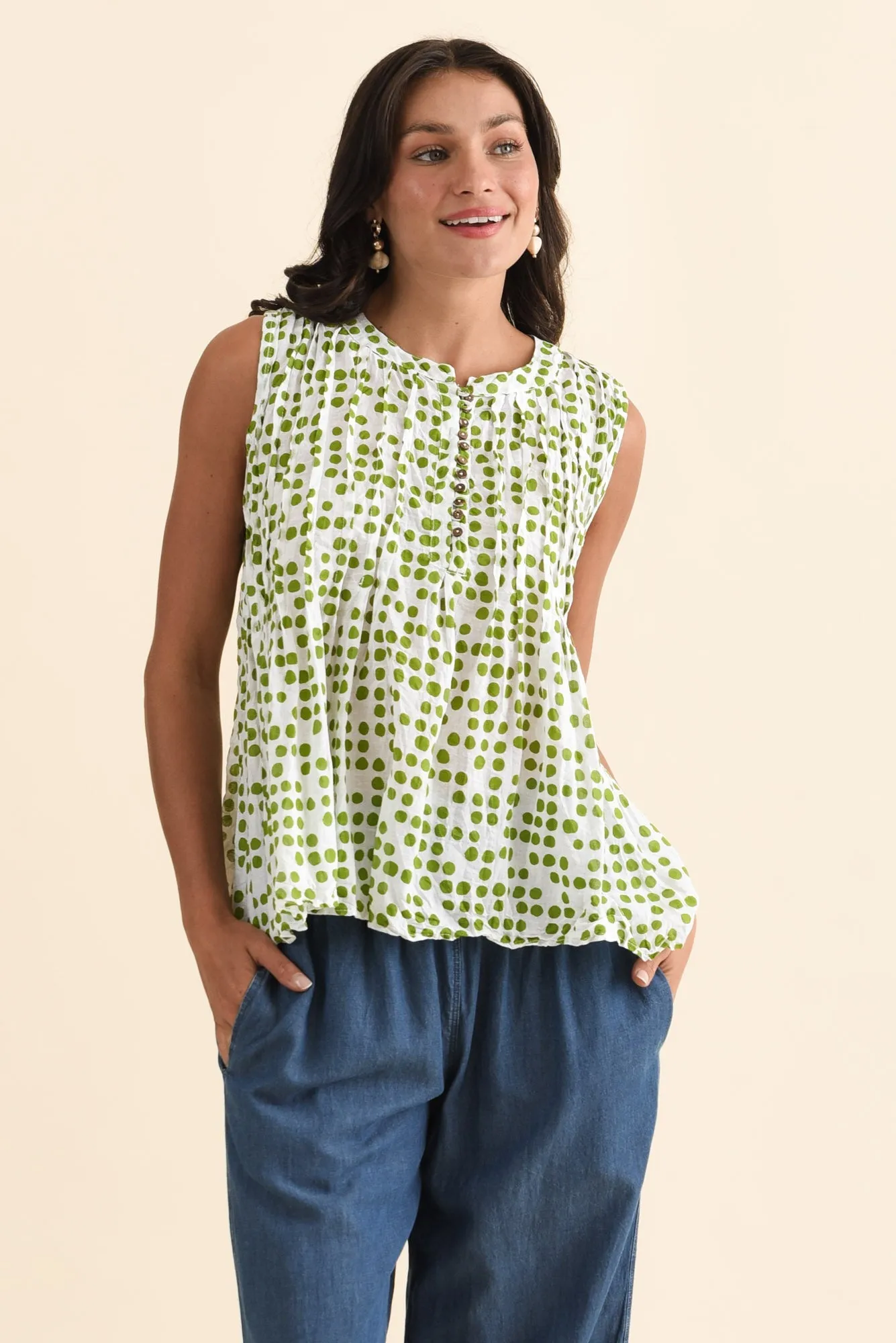 Charlize Green Spot Cotton Button Tank sold by Blue Bungalow