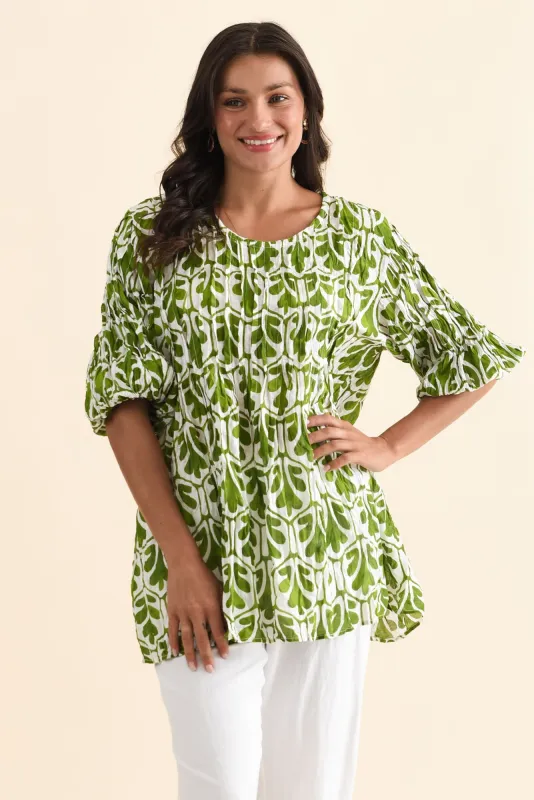 Selma Green Abstract Crinkle Cotton Top sold by Blue Bungalow
