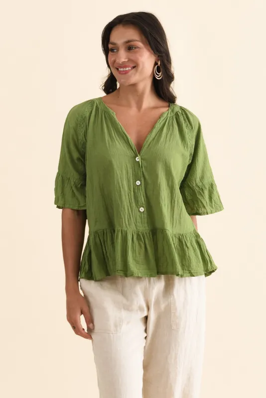 Ramona Green Cotton Ruffle Top sold by Blue Bungalow