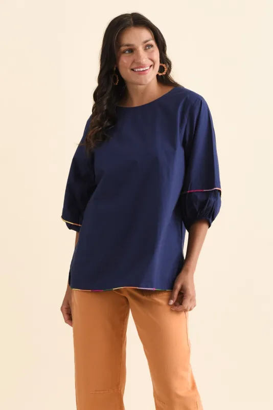 Jada Navy Cotton Puff Sleeve Top sold by Blue Bungalow