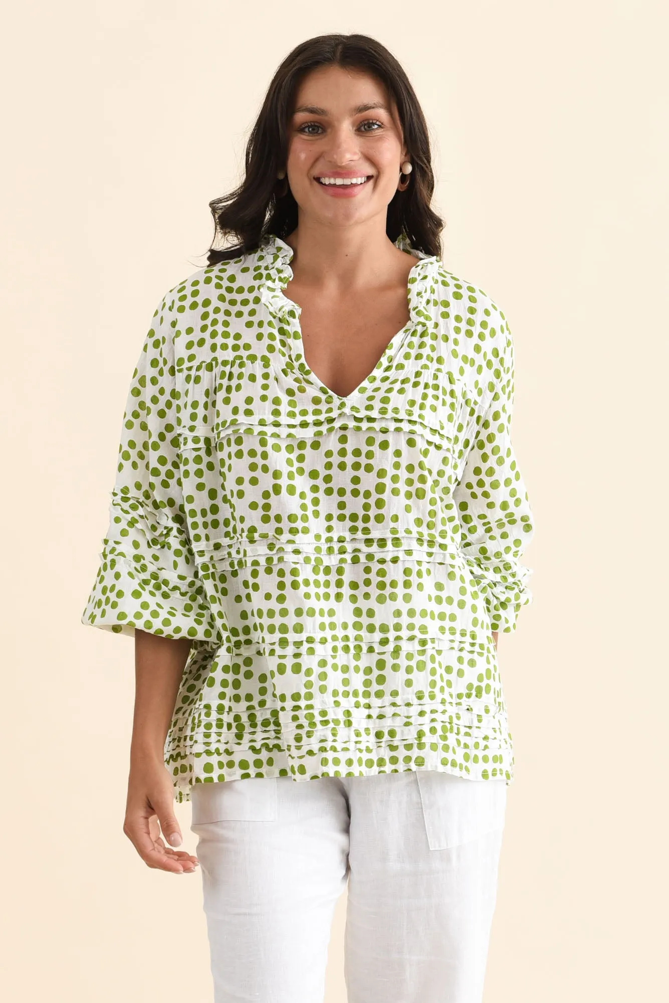Palmer Green Spot Cotton Long Sleeve Top sold by Blue Bungalow