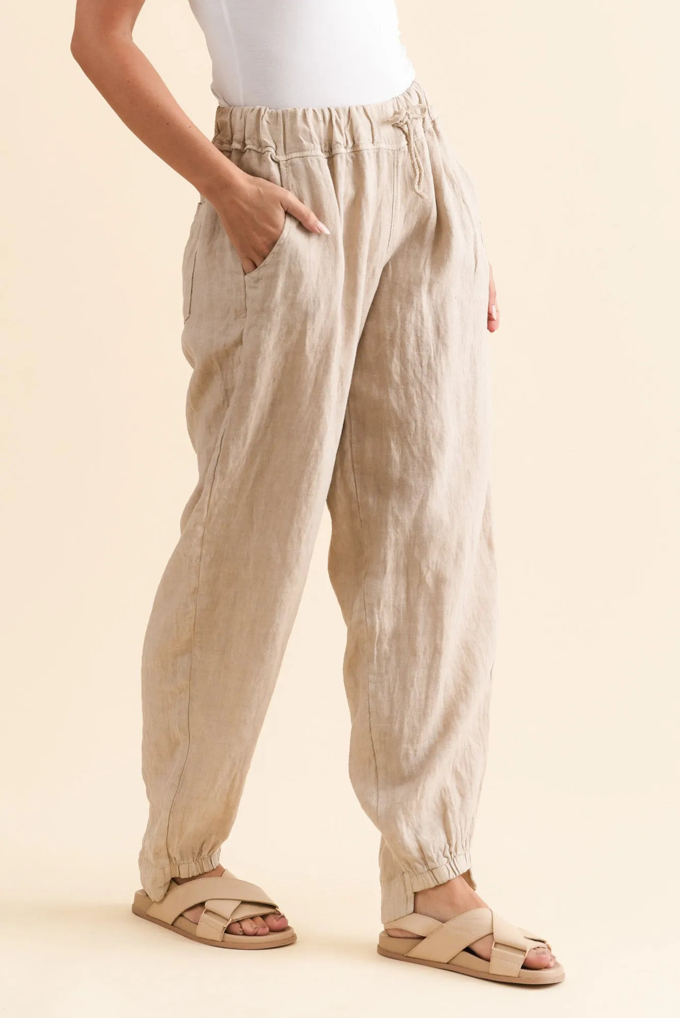 Darius Beige Linen Drawstring Pants sold by Blue Bungalow product image thumbnail 3