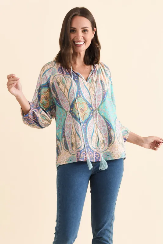 Theo Blue Abstract Cotton Blend Blouse sold by Blue Bungalow