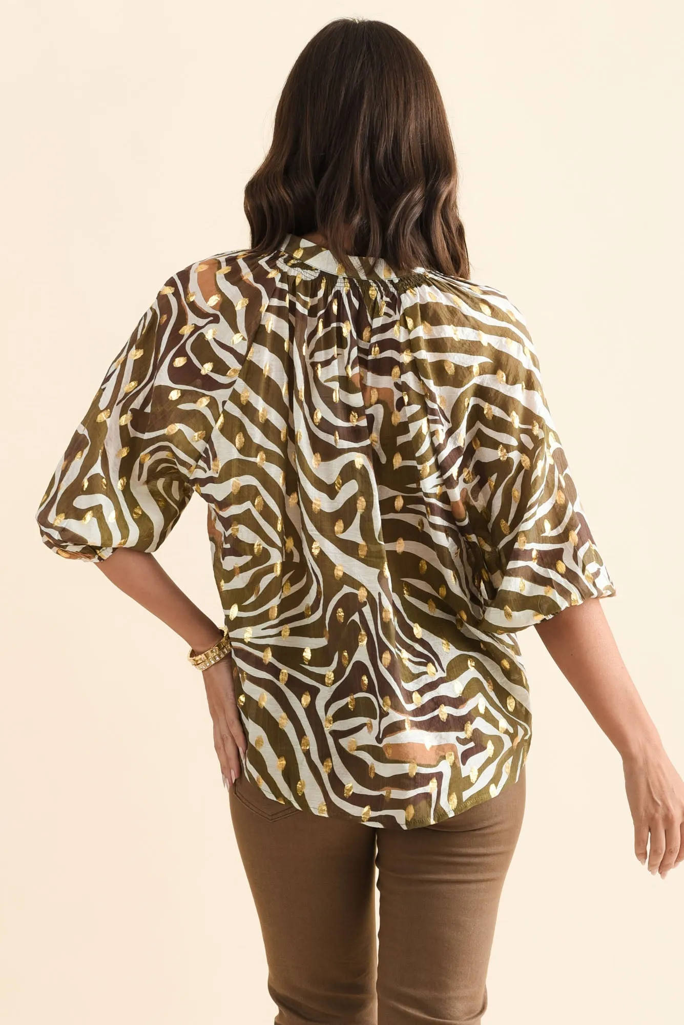 Theo Khaki Swirl Cotton Blend Blouse sold by Blue Bungalow product image thumbnail 4