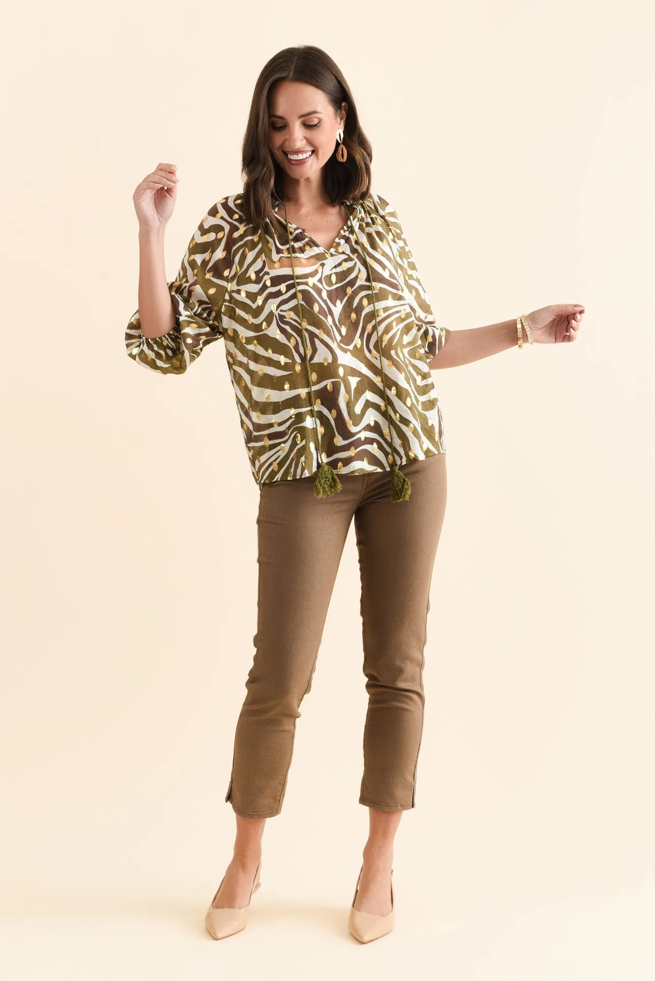 Theo Khaki Swirl Cotton Blend Blouse sold by Blue Bungalow product image thumbnail 2