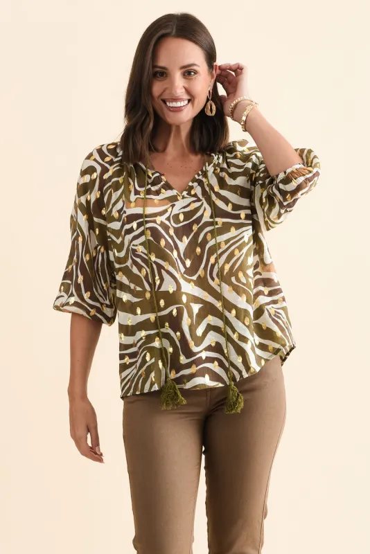Theo Khaki Swirl Cotton Blend Blouse sold by Blue Bungalow