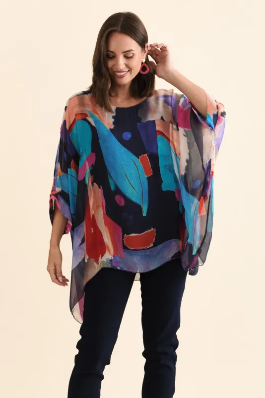 Paxos Navy Abstract Silk Overlay Top sold by Blue Bungalow